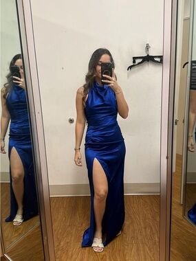 Macy's Cowl-Neck Royal Blue Satin Evening Gown with High Slit